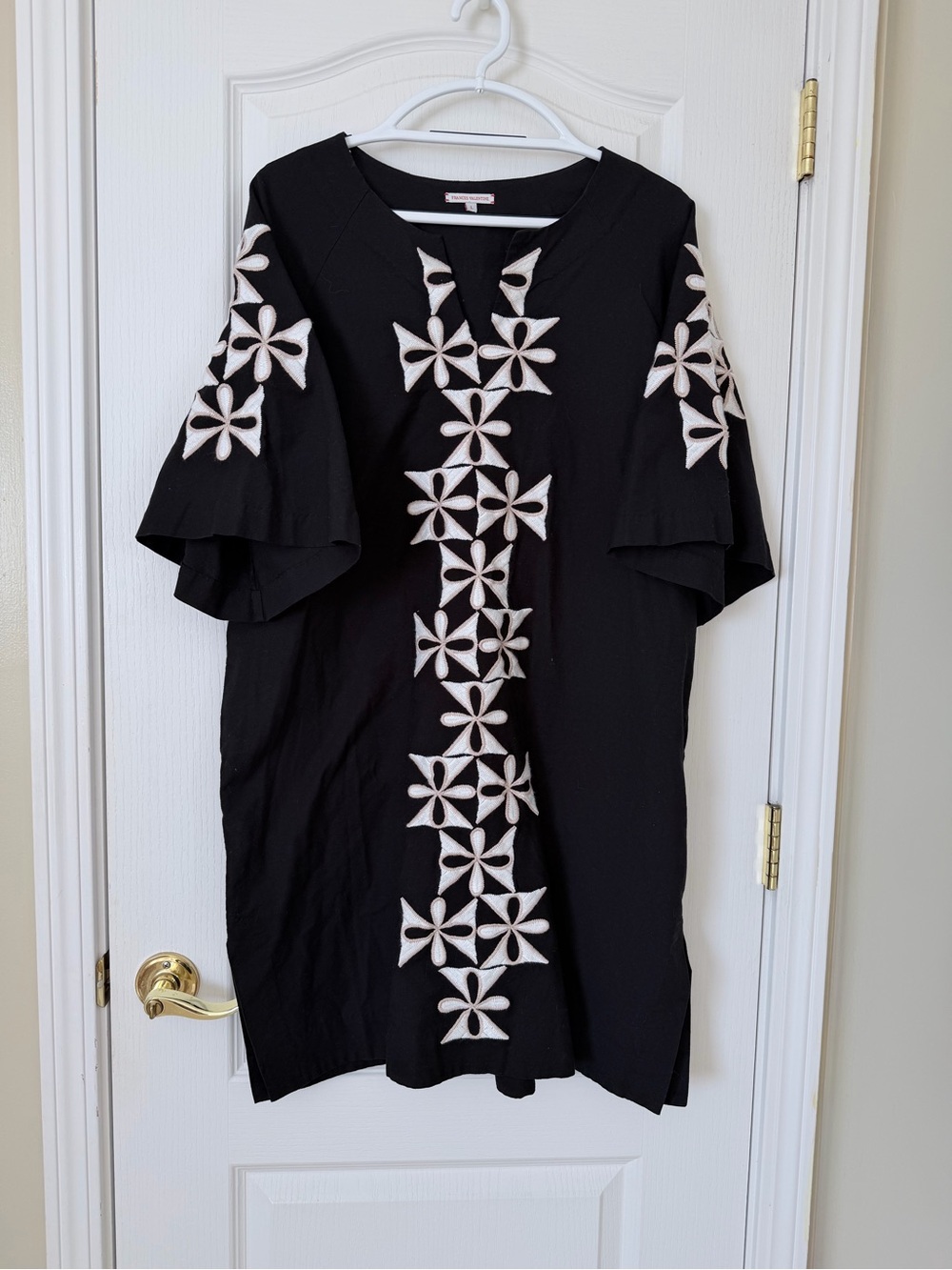 Frances Valentine Black Embroidered Floral Linen Cotton Dress Size L